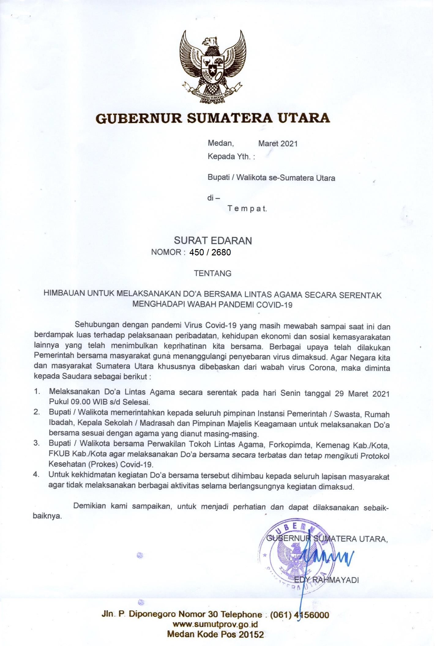 Surat Edaran Gubernur Doa bersama 1